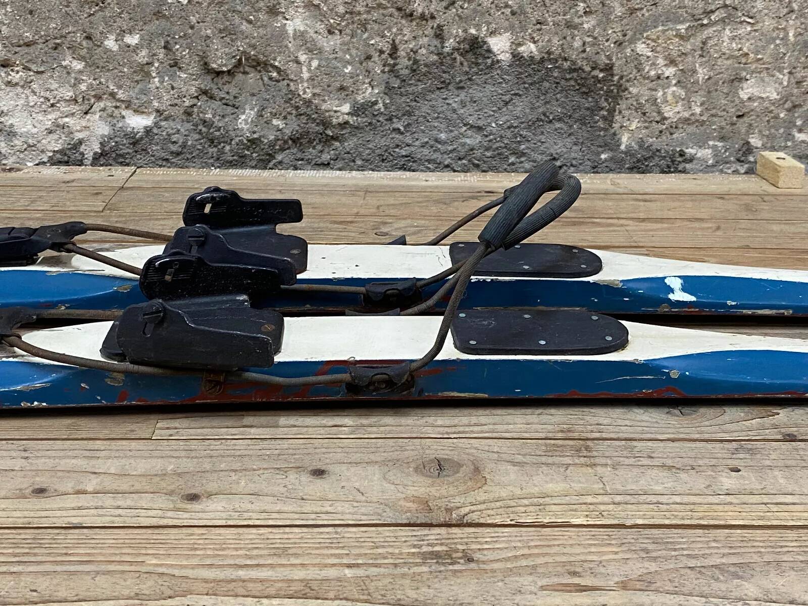 Old Pair of Vintage Blue & White Wooden Skis Mountain Chalet Decor - 218 cm