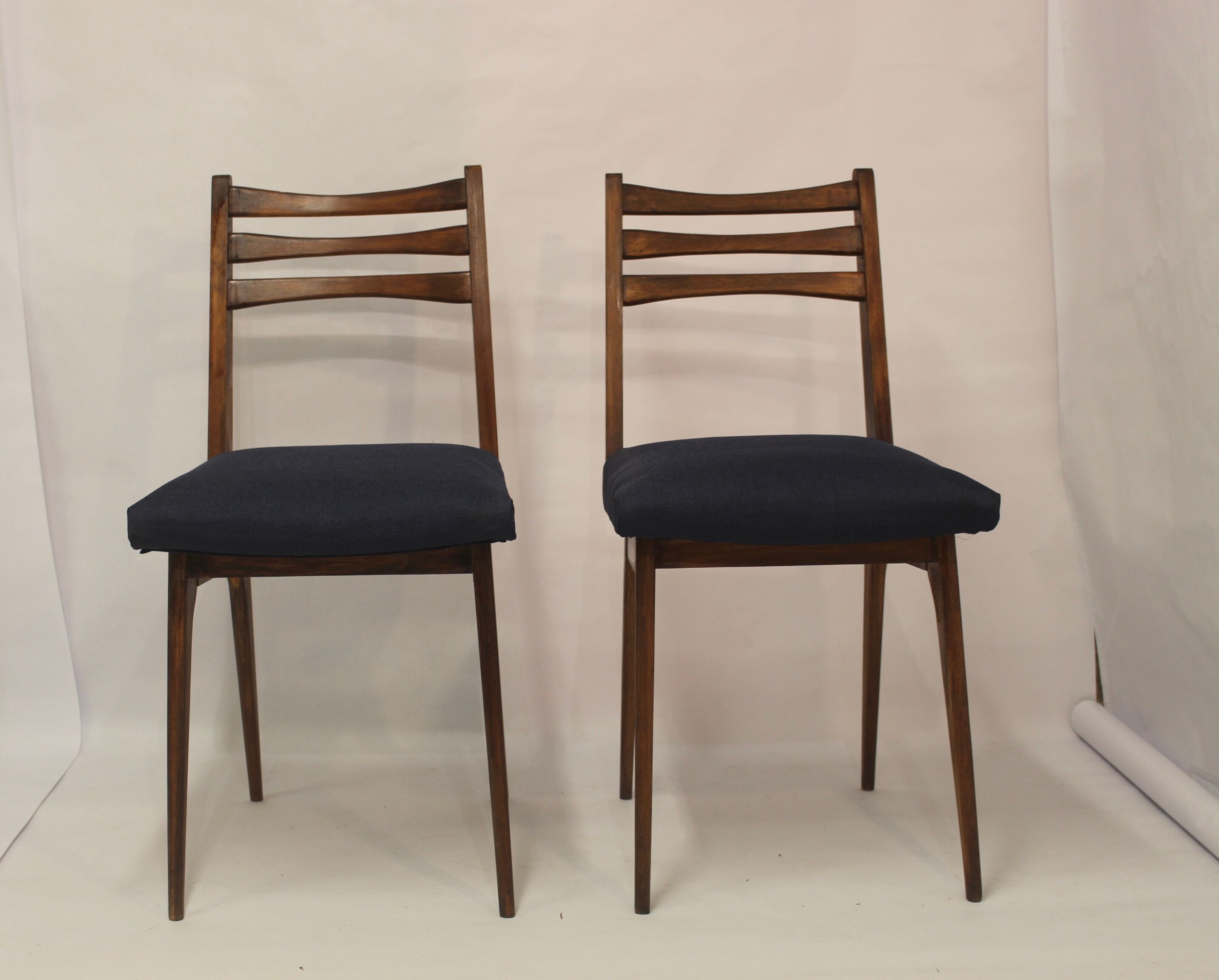 Pair of Scandinavian chairs seated night blue fabric restored, year 60.