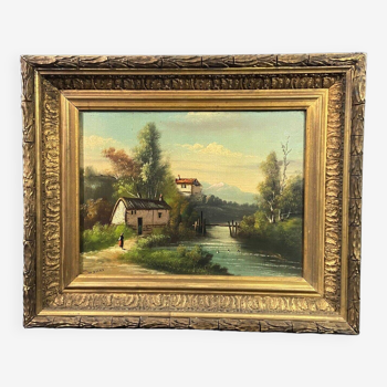 Lively mountainous landscape painting with river, gilded stucco wood frame, late 19th century
