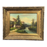 Lively mountainous landscape painting with river, gilded stucco wood frame, late 19th century