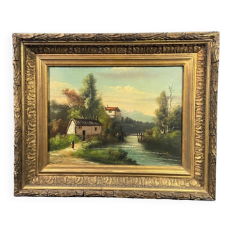 Tableau paysage montagneux animé à la rivière cadre bois stuc doré fin XIXe