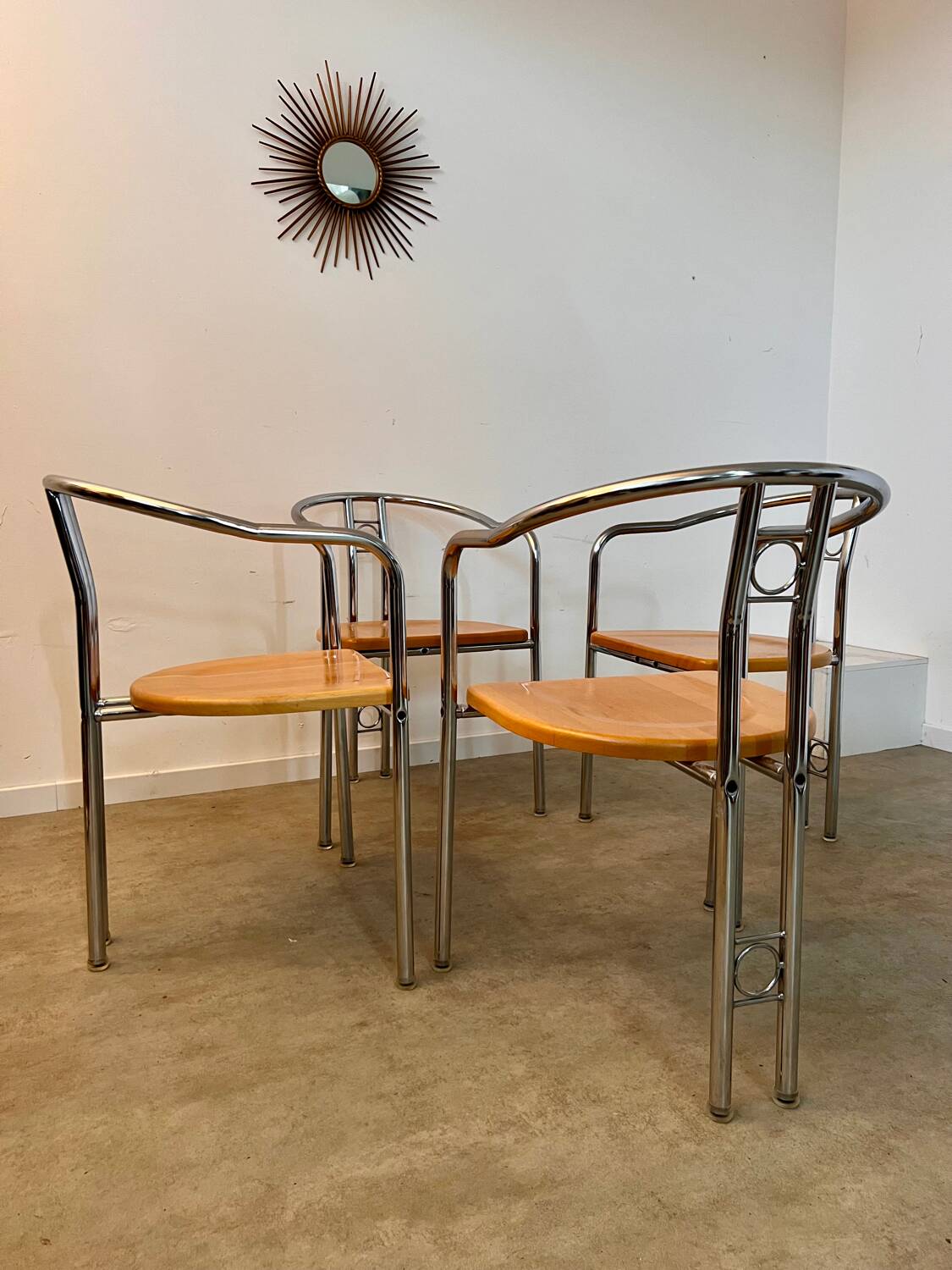 4 old metal chairs with wooden seats, Italian design, postmodern 80s