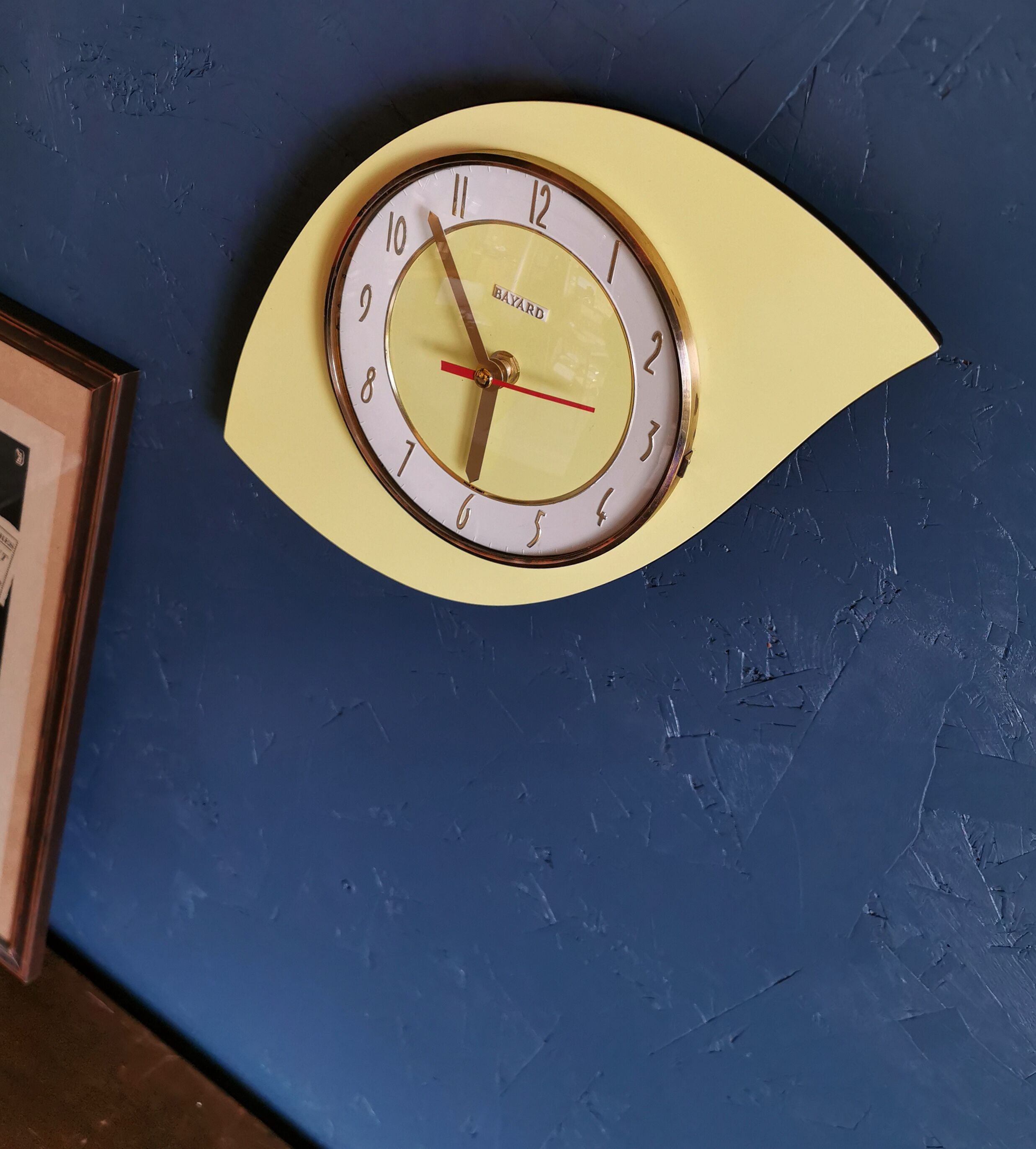 Vintage formica clock asymmetrical silent wall clock "Bayard yellow"