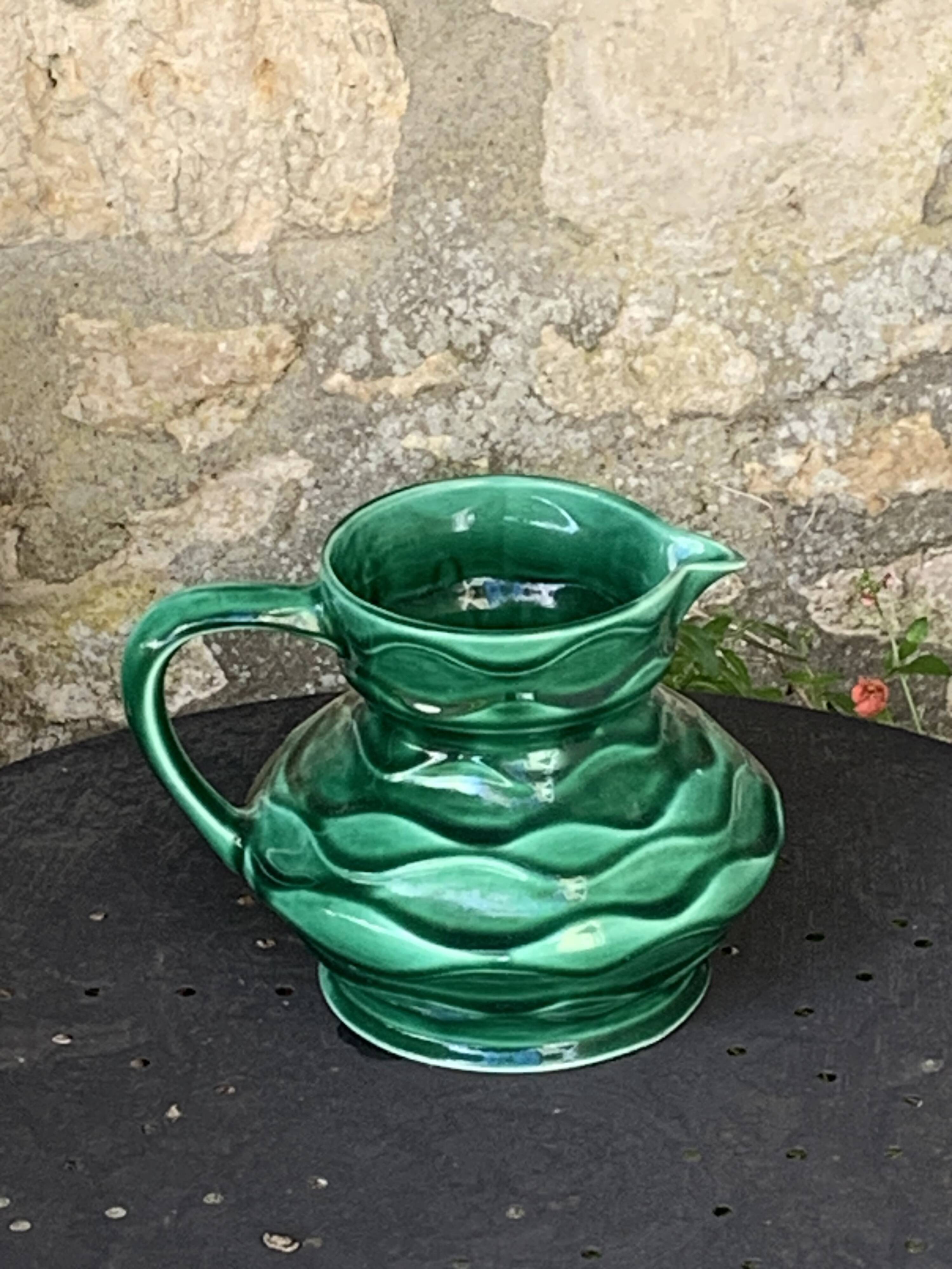 Carafe, pitcher in enamelled ceramic, slip, green, numbered 6183, vintage