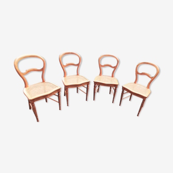Set de 4 chaises de salle à manger en bois merisier massif et cannage ; style louis philippe, très b