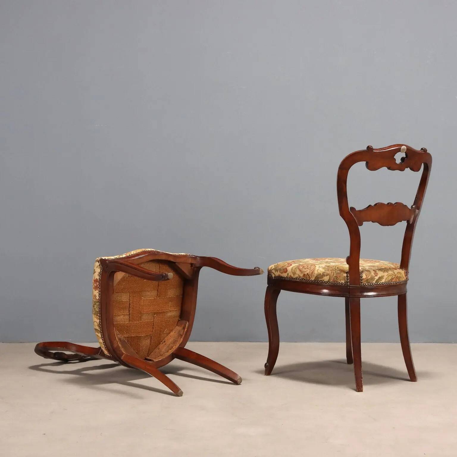 Antique Louis-Philippe chairs in walnut and fabric, 19th century