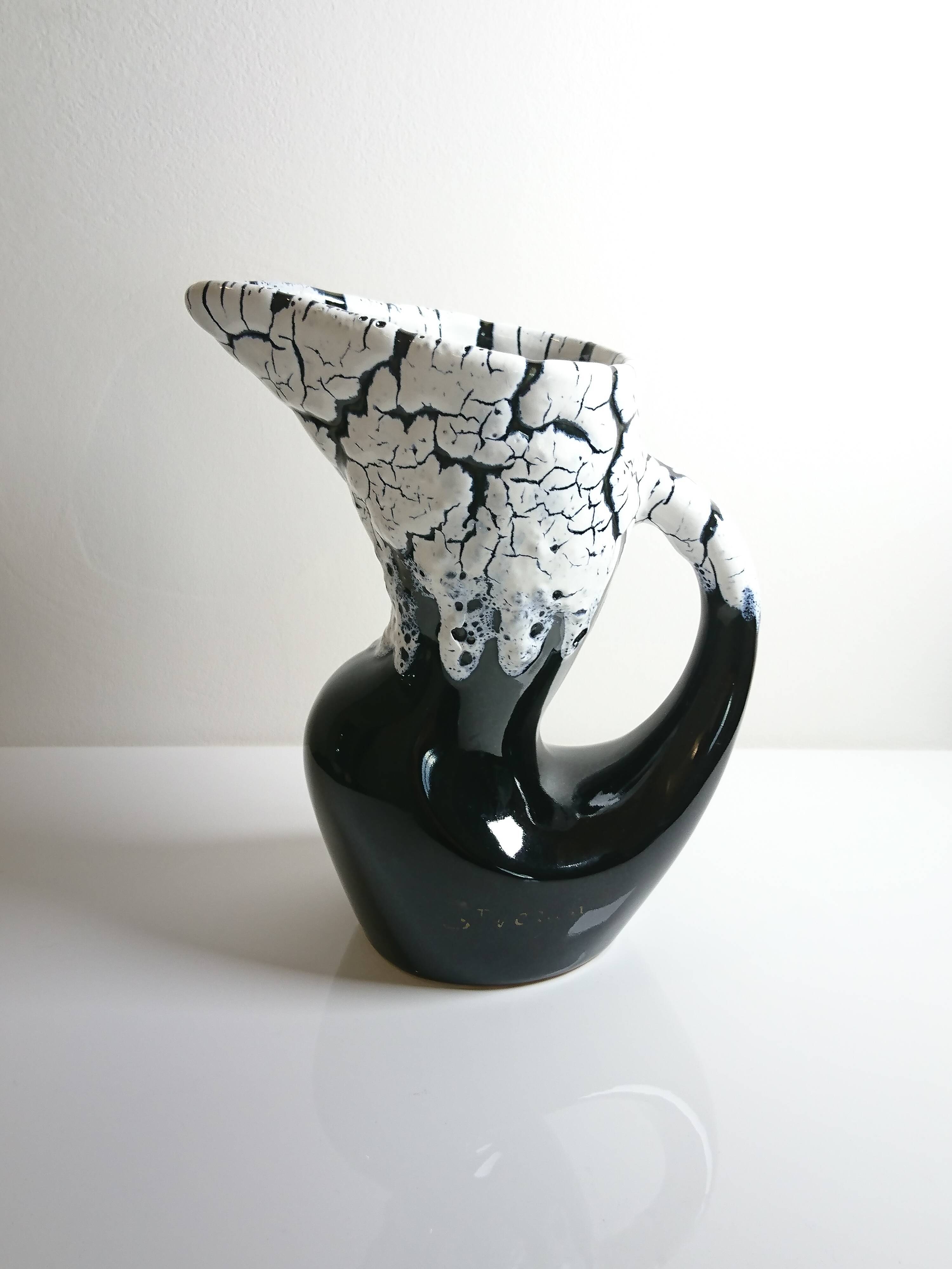 Ceramic pitcher fat lava midnight blue and white signed