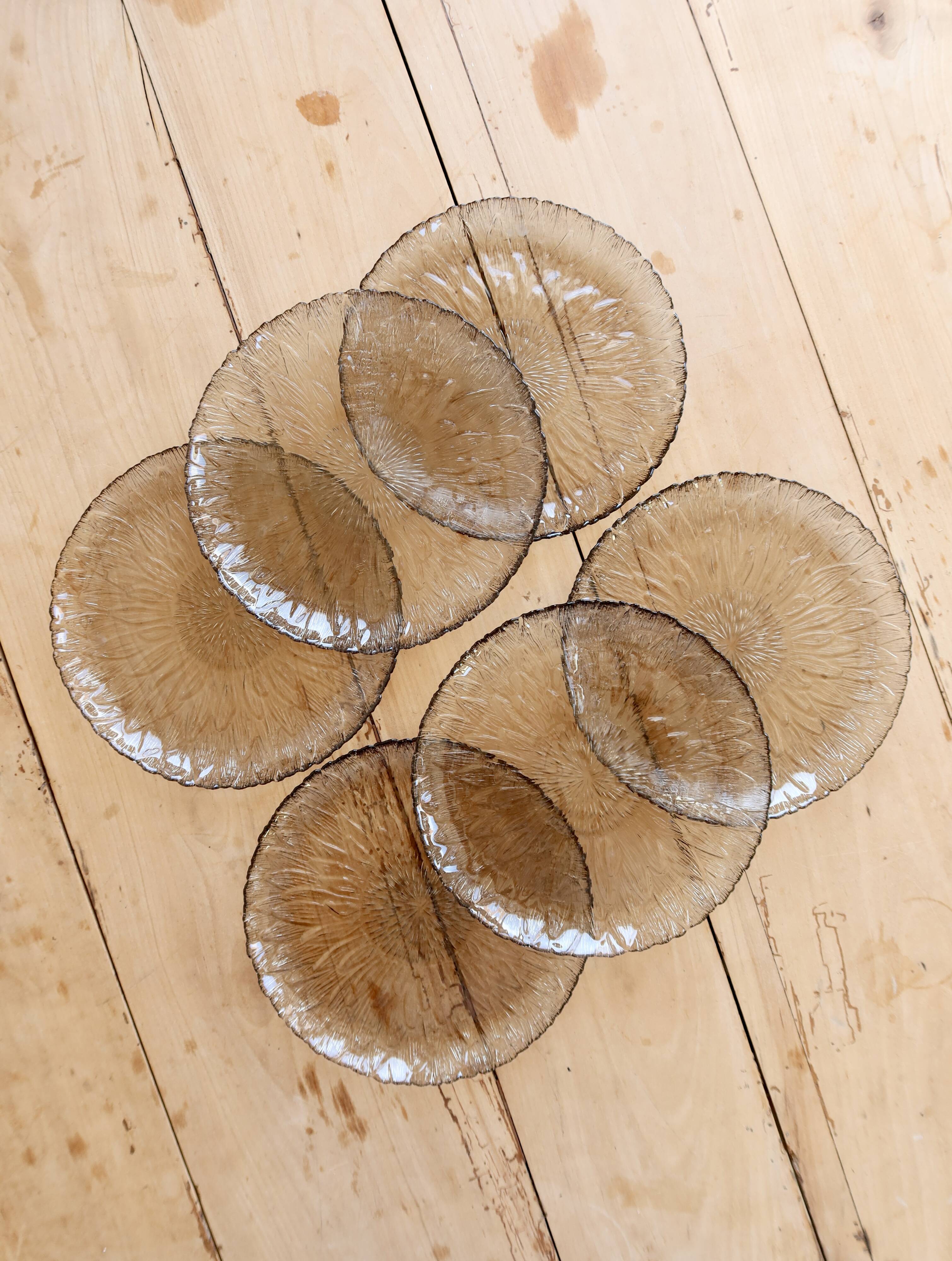 6 vintage dessert plates in smoked glass – Floral relief petal effect