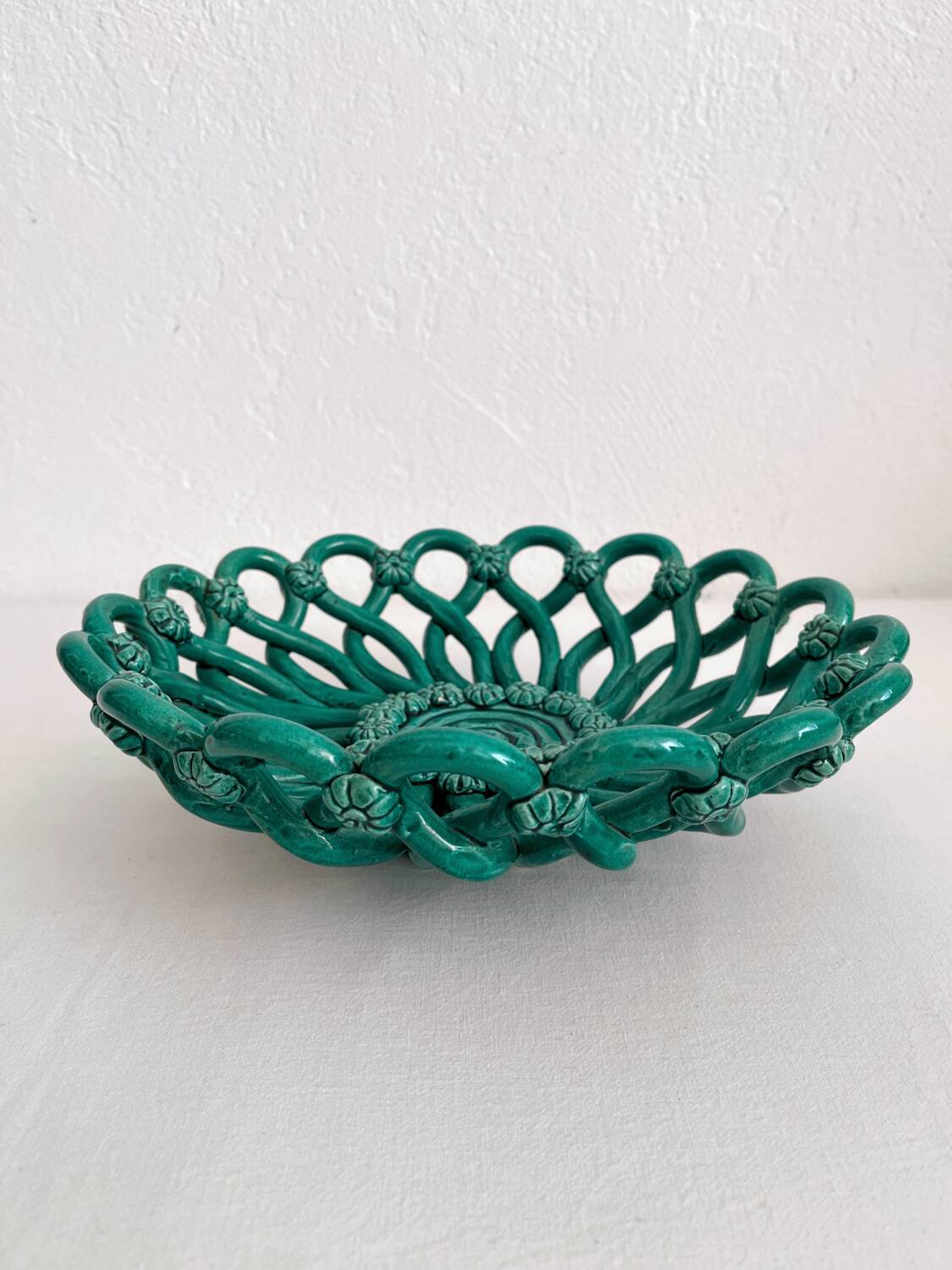 Vintage Vallauris green woven ceramic fruit bowl