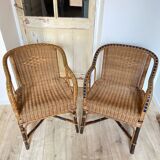 Set of 2 vintage rattan and wicker armchairs