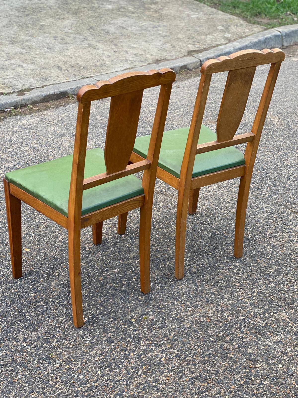 2 art deco dining room chairs in solid wood and green leather