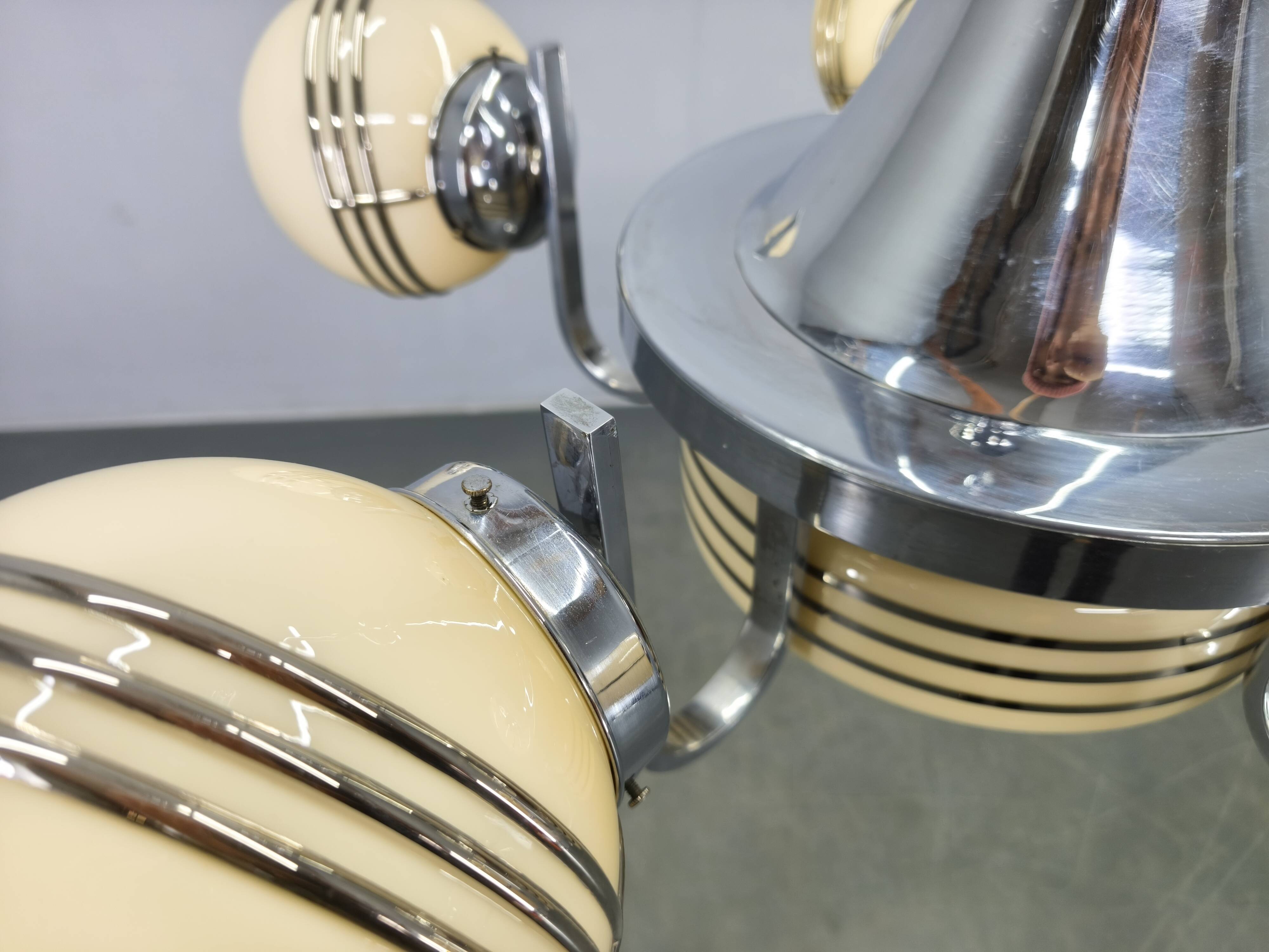 Art Deco Chrome and Glass Chandelier, 5 Globes, 1930s