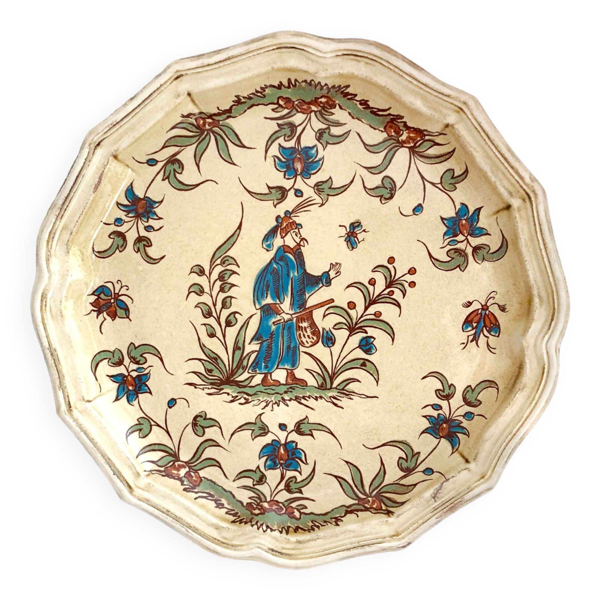 Decorative earthenware plate from Salins France, Moustiers decor, 25.5 cm