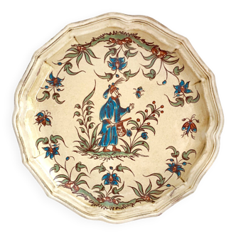 Decorative earthenware plate from Salins France, Moustiers decor, 25.5 cm