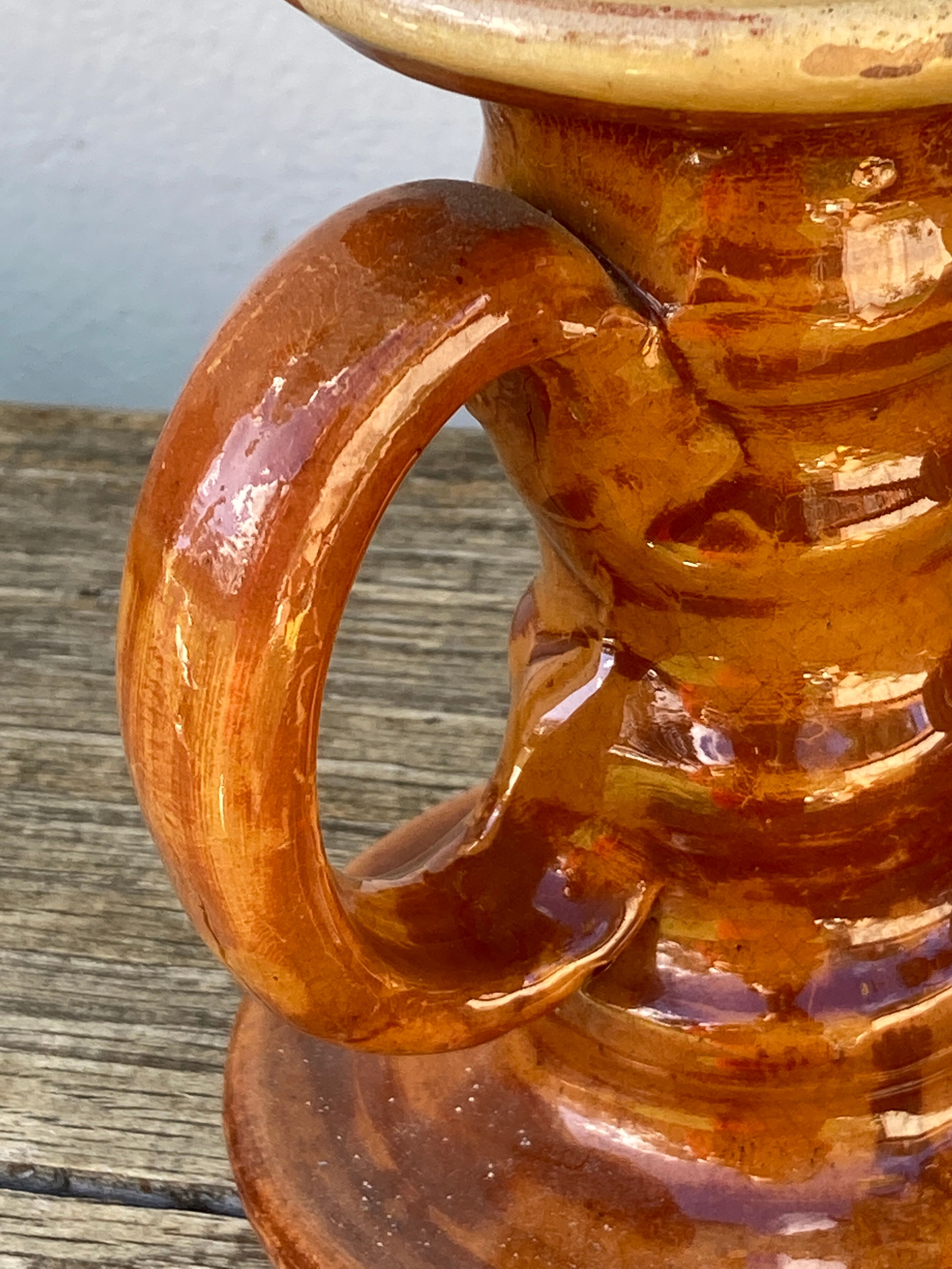 Pair of candle holder Tamegroute old terracotta enamelled brown and beige Moroccan berber