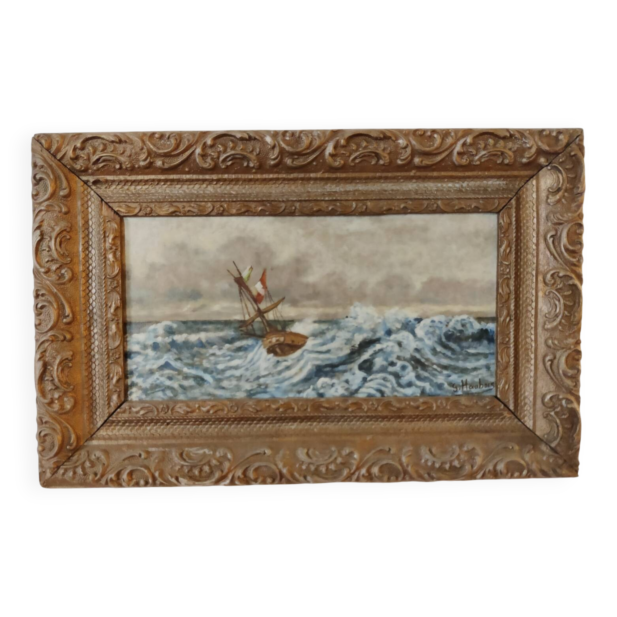 Lot of 2 old marine paintings on wood signed G. Haubois - Gilded frame