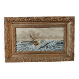 Lot of 2 old marine paintings on wood signed G. Haubois - Gilded frame