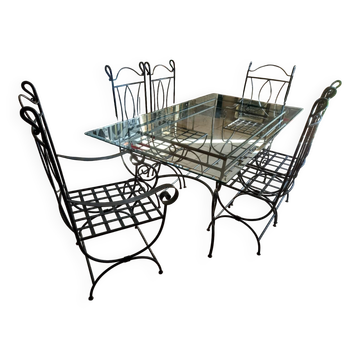 Table en verre et chaises fer forgé