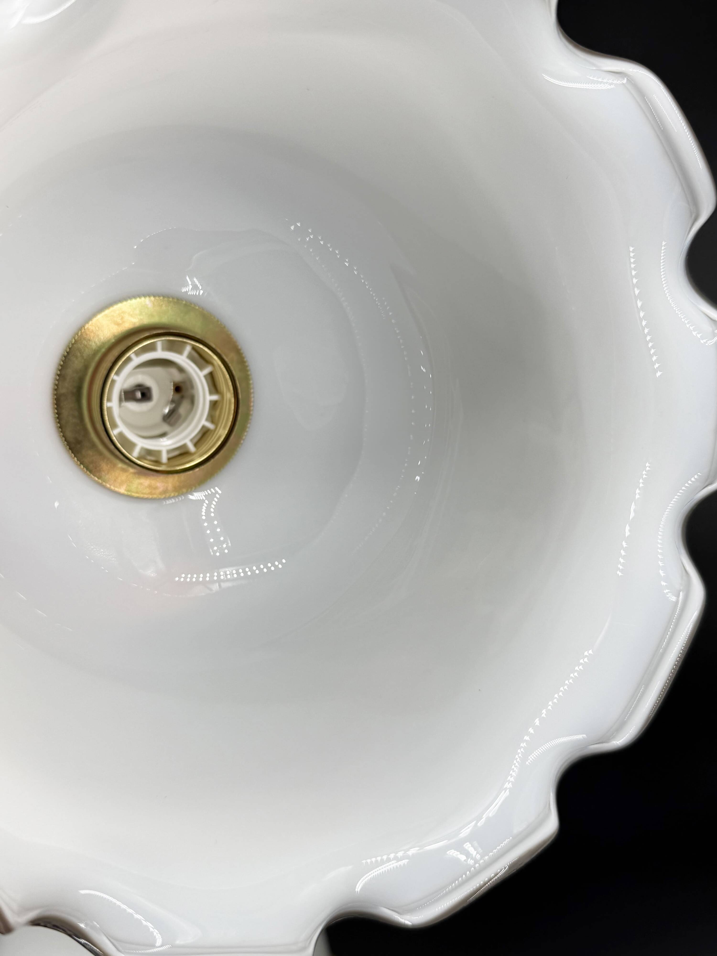 Set of 3 vintage bell-shaped pendants in white opaline with brown trim.