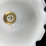 Set of 3 vintage bell-shaped pendants in white opaline with brown trim.