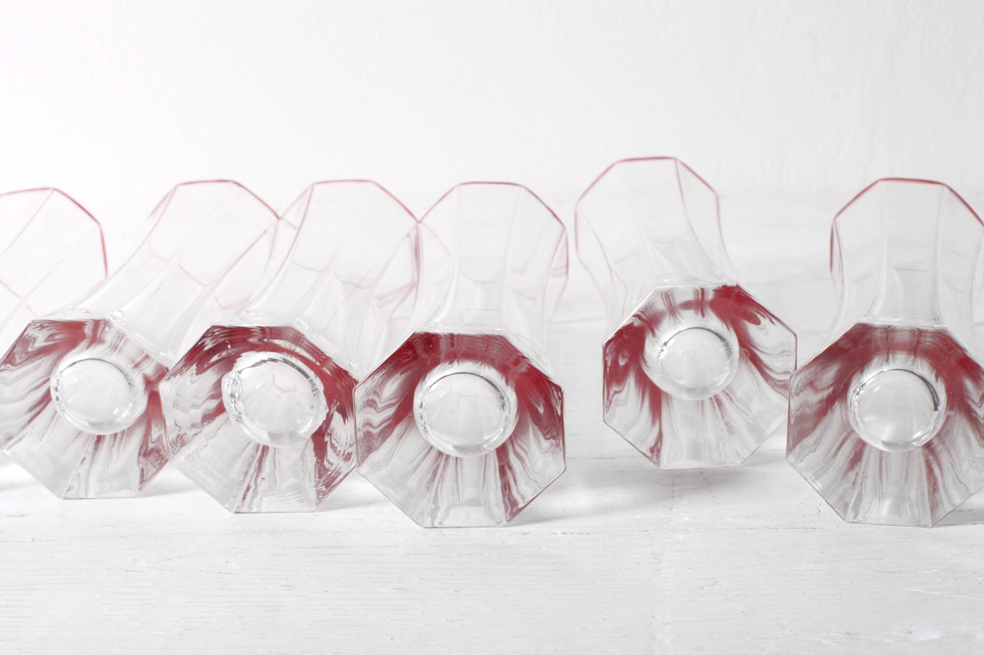 Set of 6 Mid-century Clear Crystal Glasses with Red Rim / Italy / 1980s