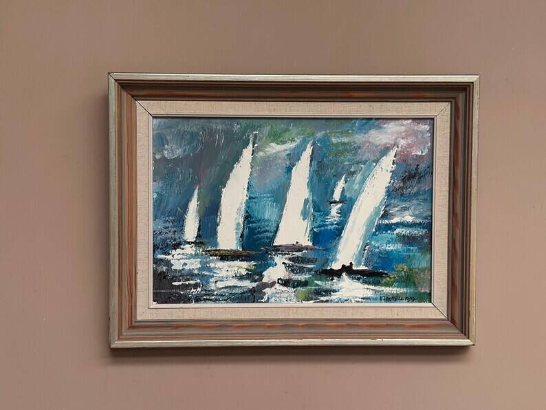 Original Swedish Oil on Panel – “Sailboats” by Bertil Thorell,  Signed