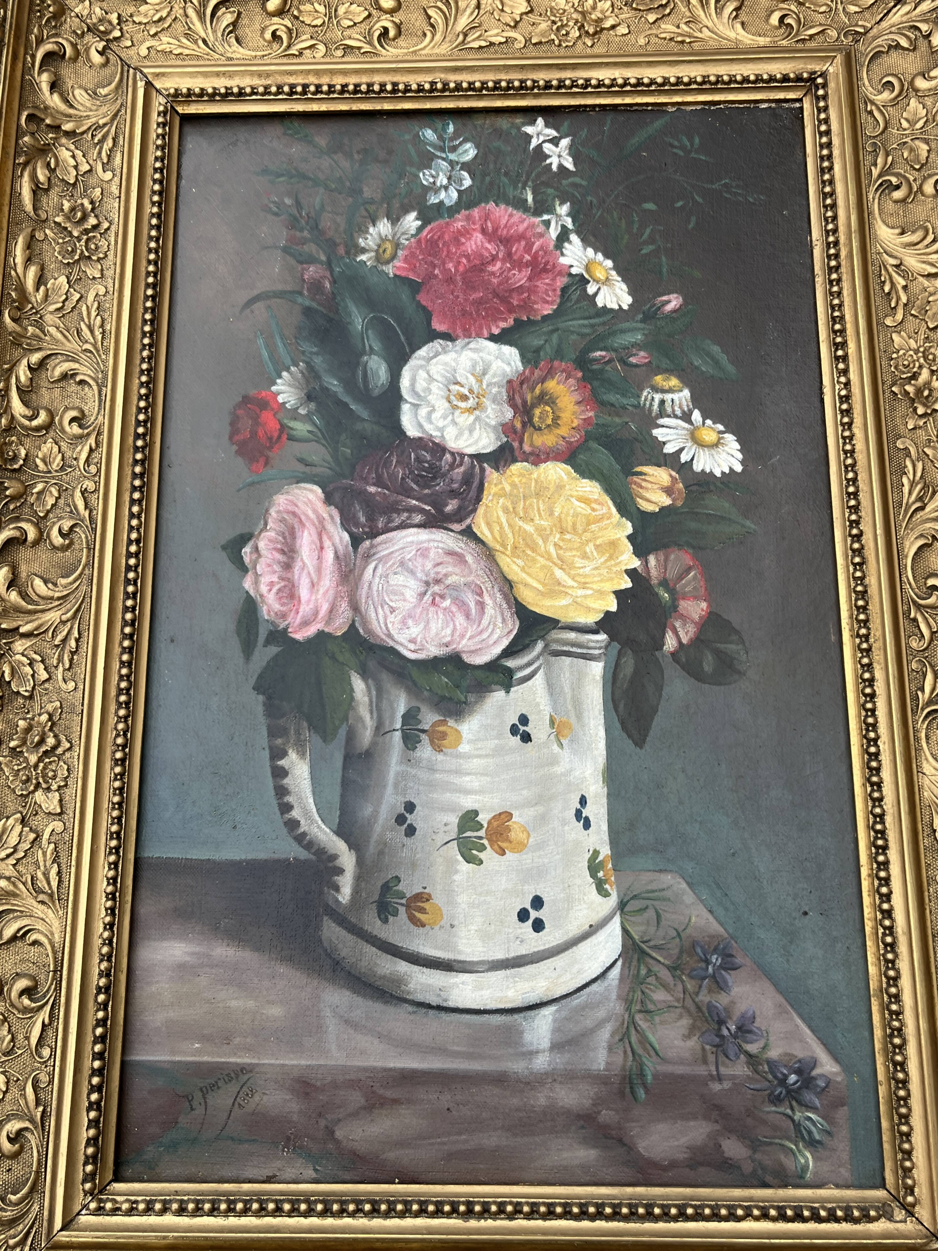 Oil on canvas, old, signed P. Perrisse, dated 1888, bouquet of flowers.