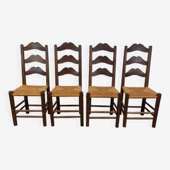 Chaises brutalistes paillées, lot de 4