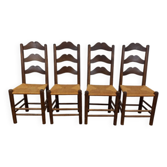 Chaises brutalistes paillées, lot de 4