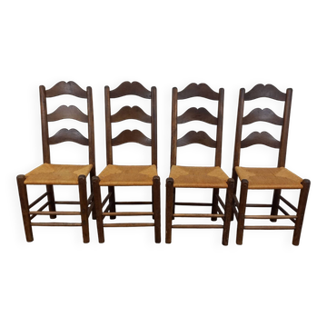 Chaises brutalistes paillées, lot de 4