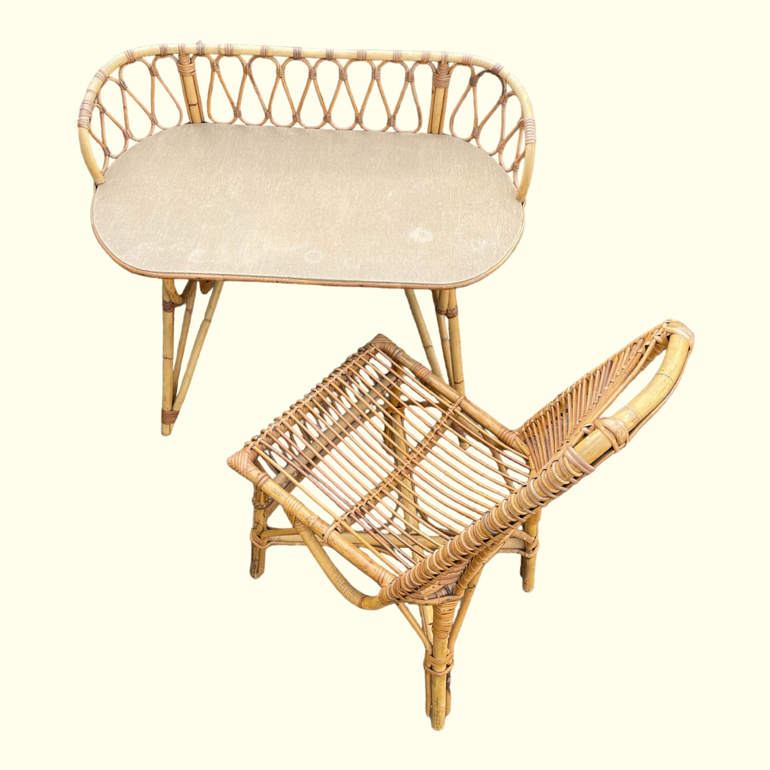 Bamboo and rattan desk and chair set, circa 1970