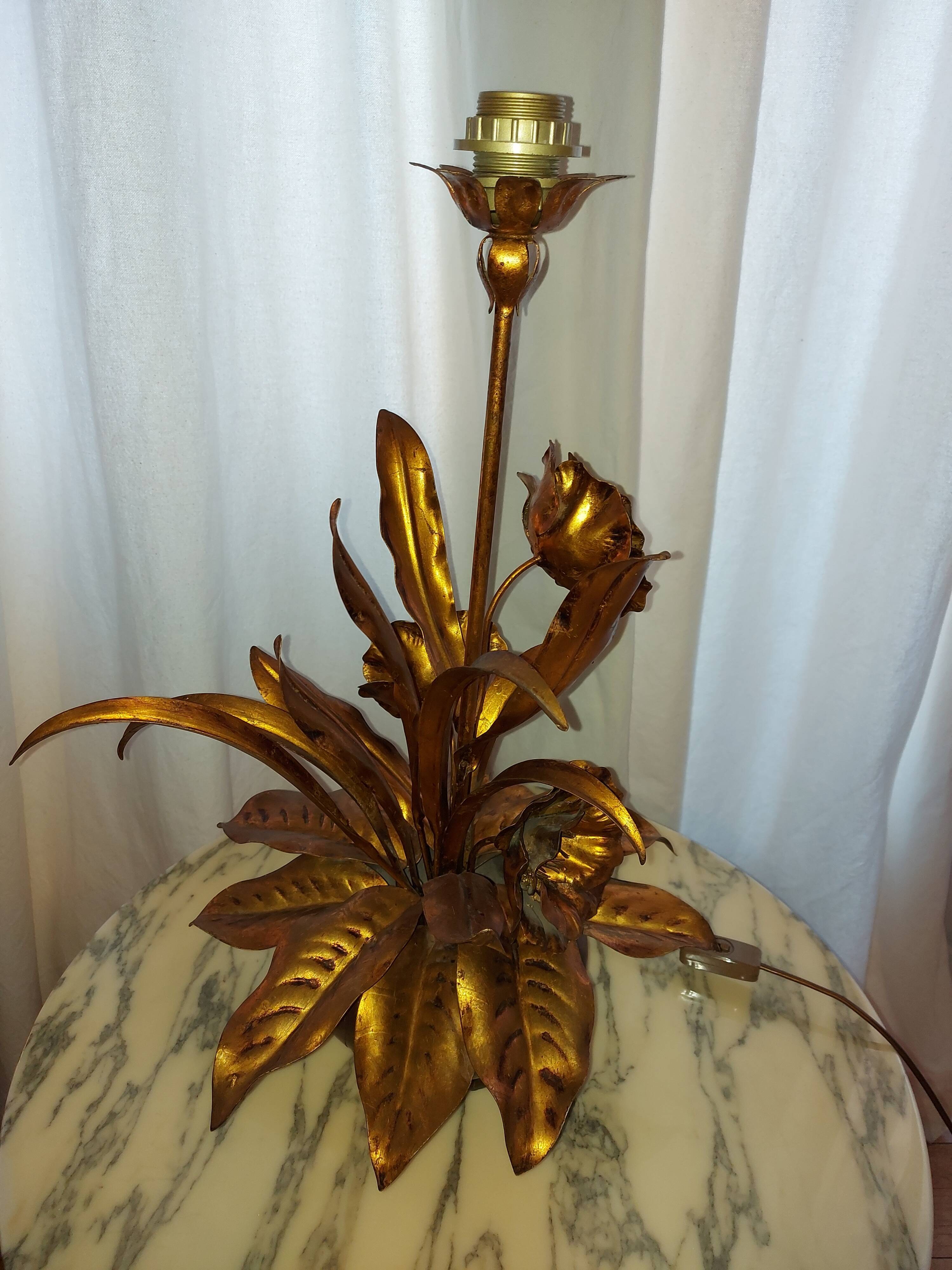 Large lamp, bouquet of vintage anemone flowers, gold metal, Hans Kogl