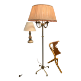 Lampadaire laiton et abat jour en soie rose