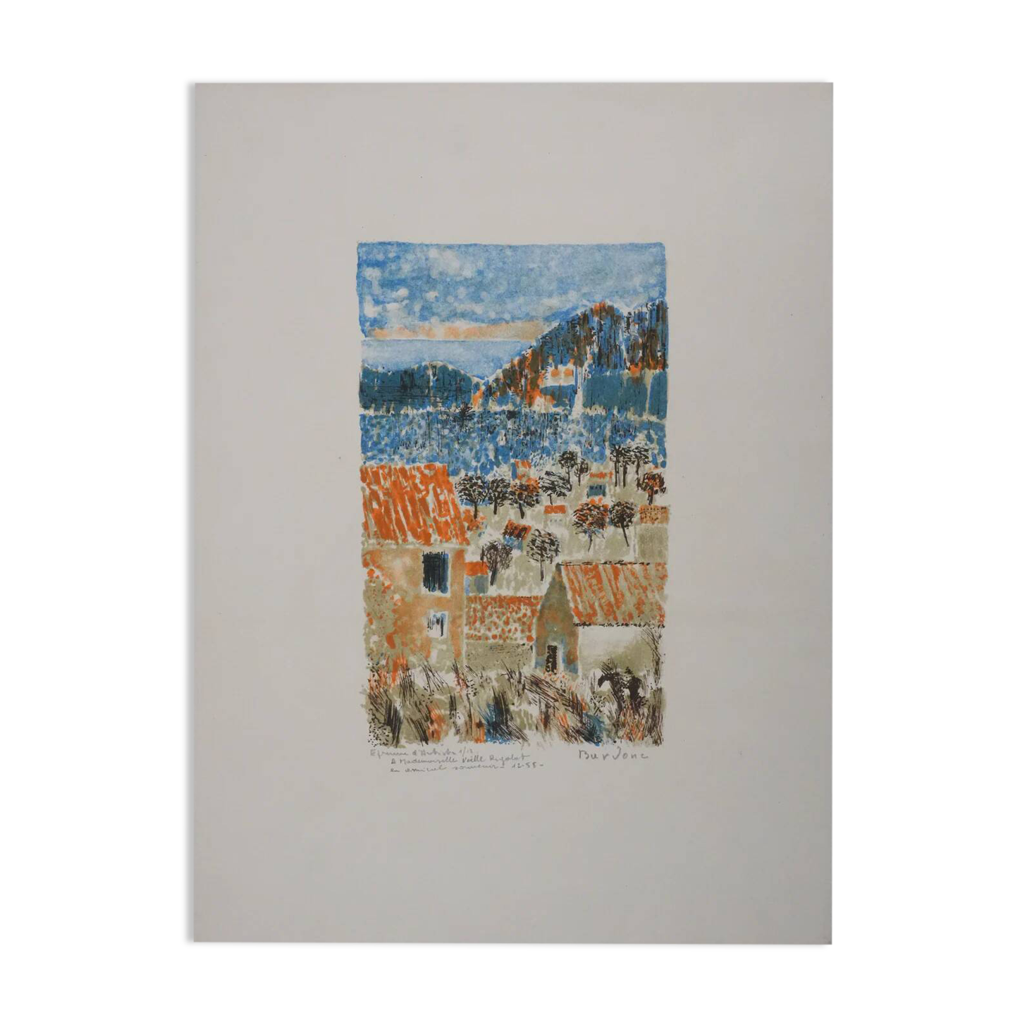 Guy Bardone: Night on the Orange Rooftops, original signed lithograph.