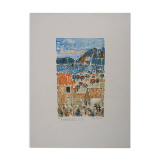 Guy Bardone: Night on the Orange Rooftops, original signed lithograph.