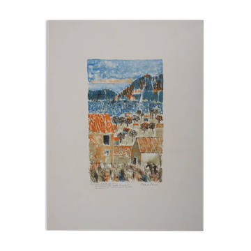 Guy Bardone : Nuit sur les toits orangés, lithographie originale signée