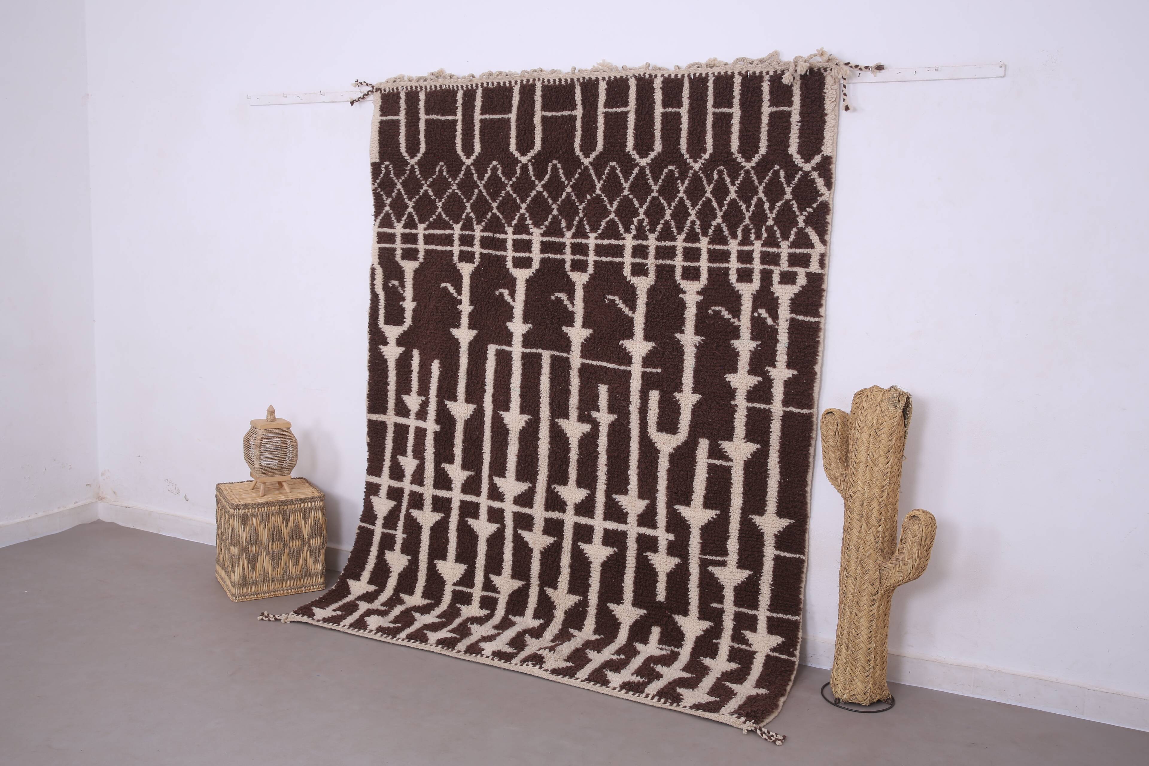 Brown Beni Ourain Rug 183 x 246 cm, Handmade Berber Wool Rug, Vintage Style