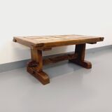 Vintage Brutalist Rustic Rectangular Coffee Table in Solid Oak and Ceramic from the 60s 70s