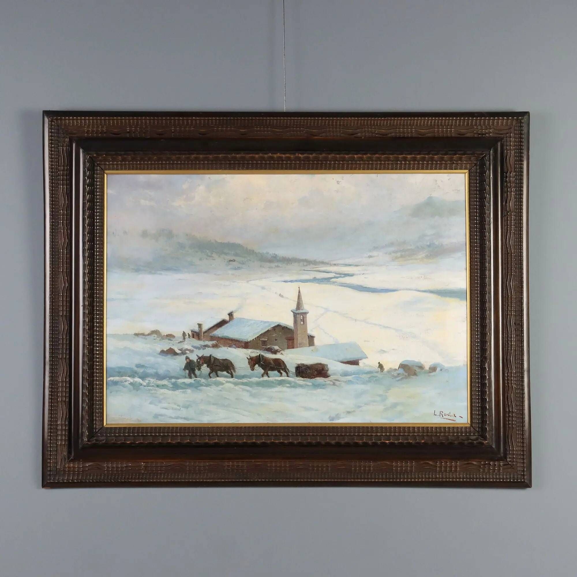 Ancient painting by Leonardo Roda, winter landscape, 19th century.