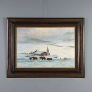 Peinture ancienne Leonardo Roda paysage d’hiver XIXe siècle