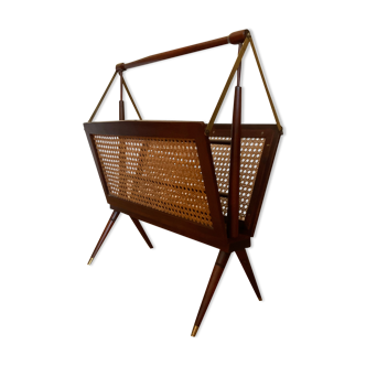Foldable magazine holder in mahogany cannage and brass