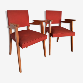 Paire fauteuils bridge années 50 style scandinave skaï rouge