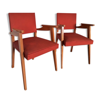 Paire fauteuils bridge années 50 style scandinave skaï rouge