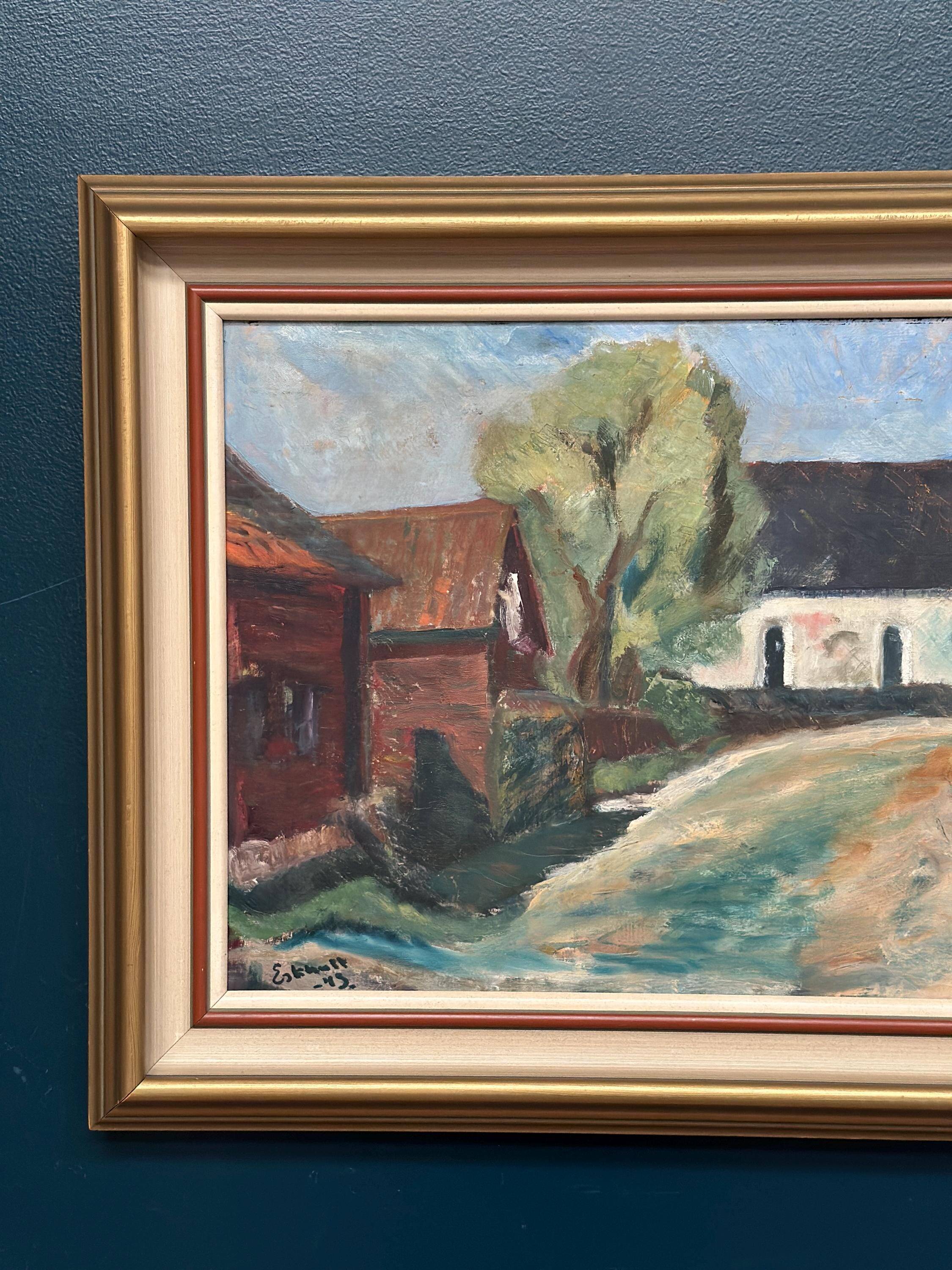 Original Mid Century Swedish Oil On Canvas – “Suburbia” By Erik Hult