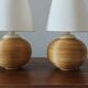Pair of vintage lamps in rattan and ceramic