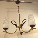 Vintage chandelier 3 burners brass gilded globes opaline glass white striated