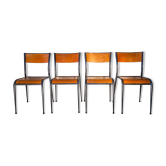 Lot de 4 chaises Mullca noir et bois, pieds aiguille 1960