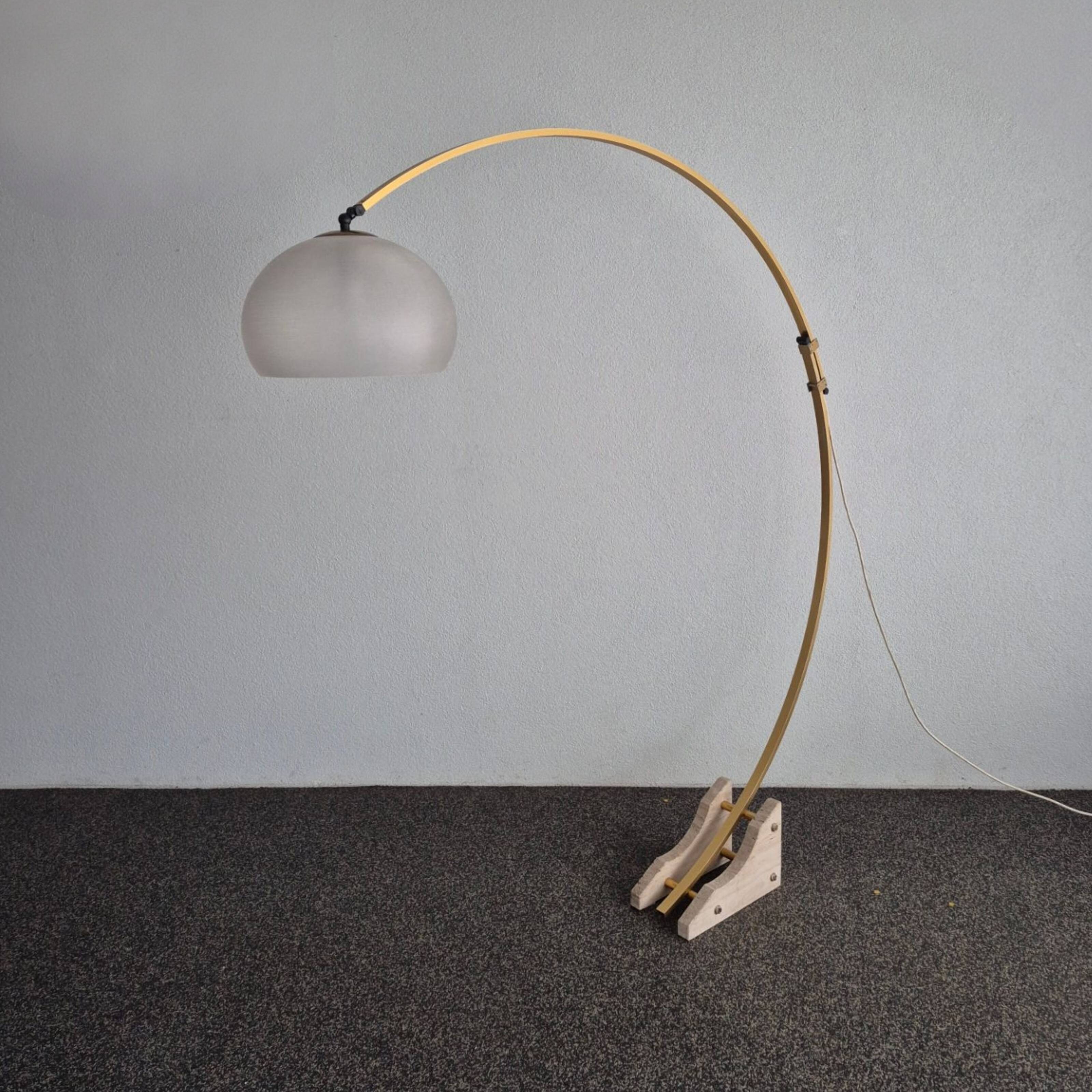 Space age Guzzini arc lamp with travertine base, Italy 1960s