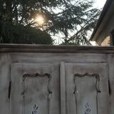 Grey double wardrobe in hand-painted pine — romantic floral pattern, 1920s era.