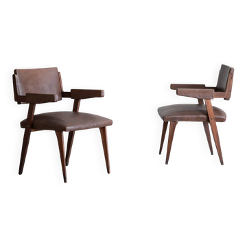 Pair of wooden and brown leather armchairs, Italy 1950s